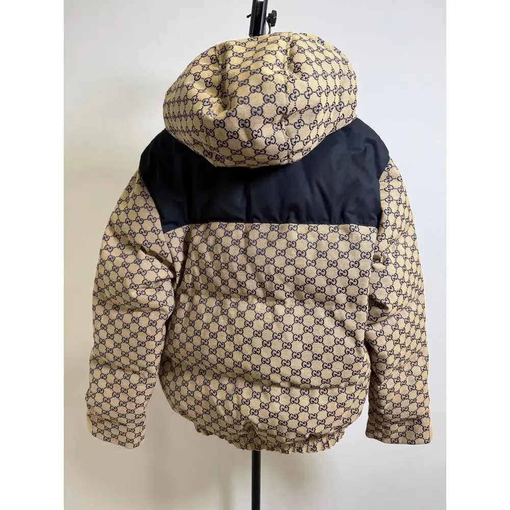 Gucci GG Monogram Down Jacket Navy Beige NWT Size 48 Medium Hooded Puffer